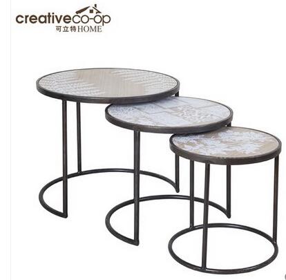 可立特 复古印花木质圆形茶几 3件套装