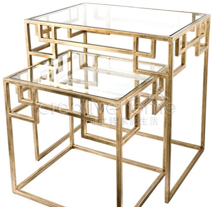 可立特 家居饰品古董金色金属玻璃希腊雷文图案边桌